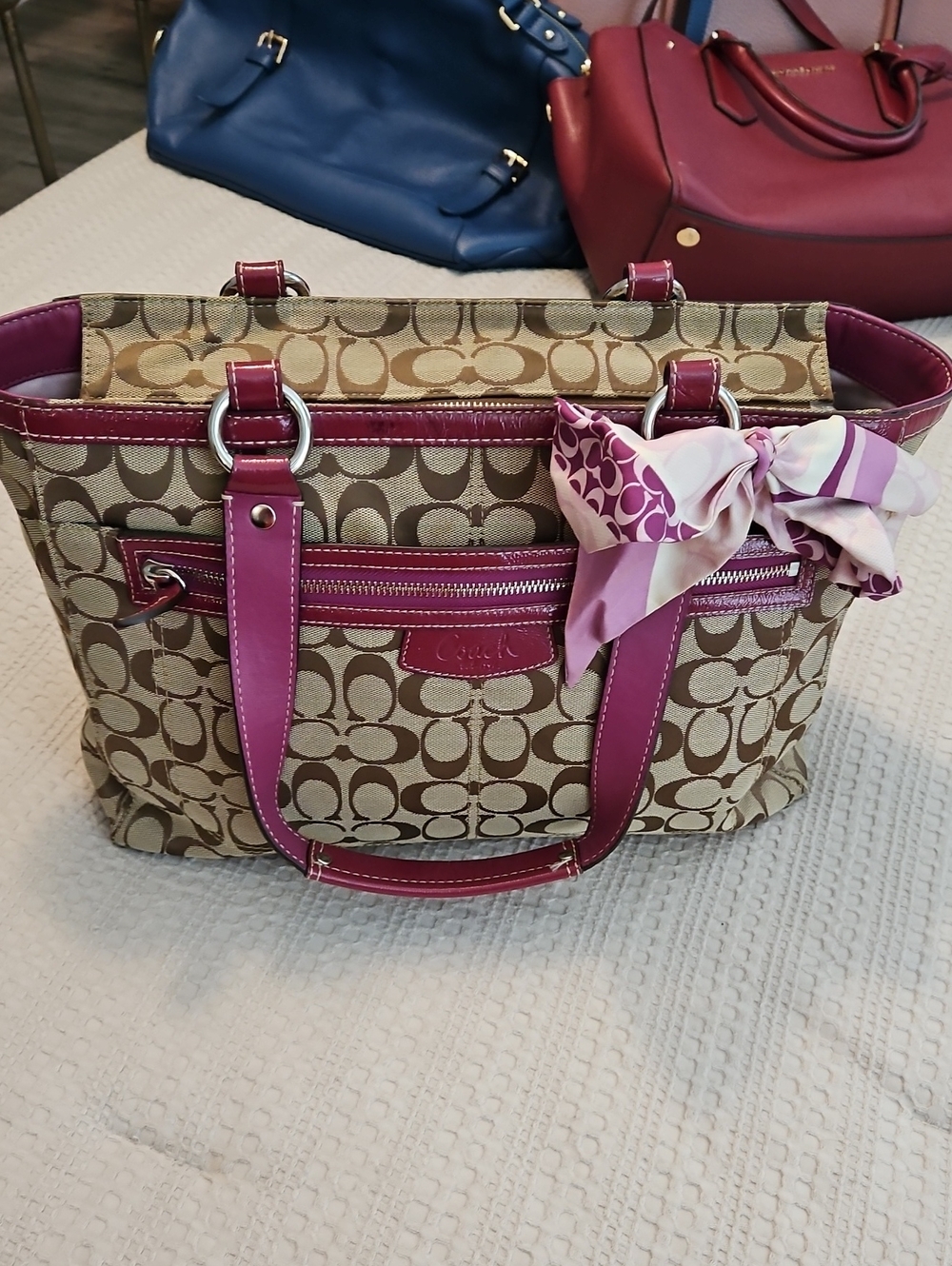 Coach Tan Signature Canvas Tote with Pink Trim and Scarf